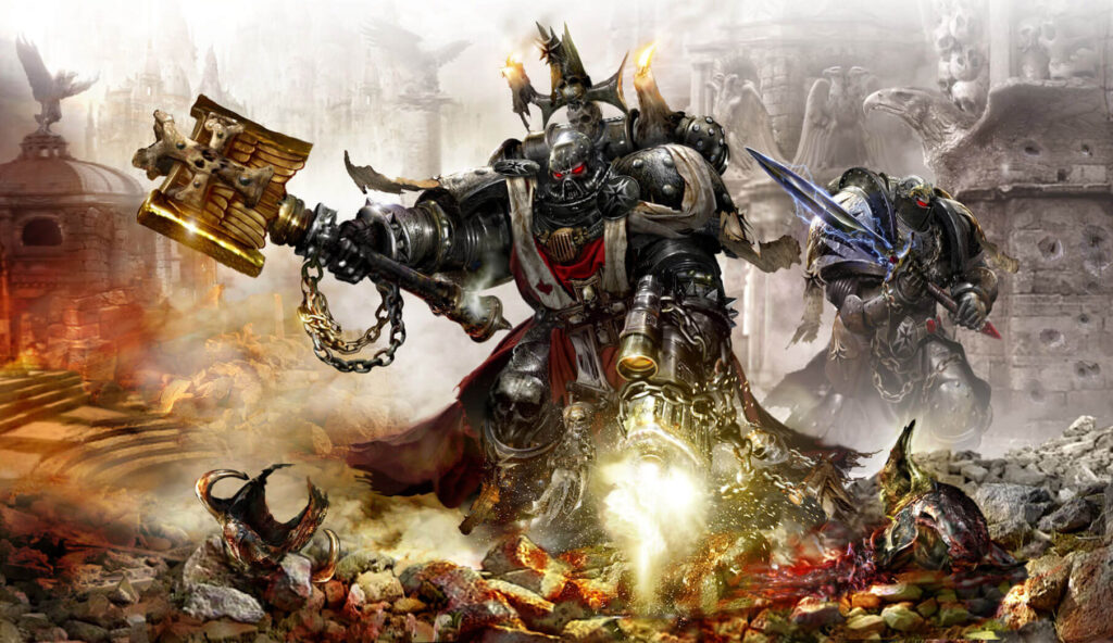 Two Black Templars in full dark amor fighting. One with hammer and gun, the other with sword with electricity spouting from it.