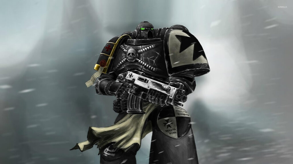 Black Templar resplendent in dark armor with gold accenting, holding his gun adorned with skull. The snow/sleet blowing behind him as his green eyes glow.