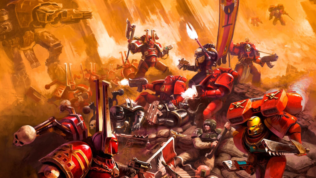 A vibrant illustration of a large-scale battle between Blood Angels Space Marines and Chaos Space Marines. The Blood Angels, clad in their distinct red armor, are firing weapons and wielding chainswords against the dark, spiked armor of the Chaos forces. The backdrop is filled with fire, smoke, and a large mechanical war machine towering over the battlefield, highlighting the intensity of the fight.