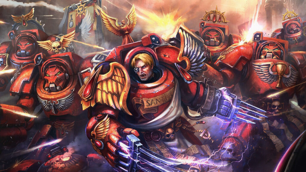 A dynamic, illustrated battle scene featuring a group of Blood Angels Terminators in their iconic red power armor. The central character has a fierce expression, blonde hair, and wields a pair of lightning claws, while the other armored warriors, with glowing green eyes, are engaged in combat. The background is filled with explosions, banners, and other angelic symbols, contributing to the chaotic atmosphere.