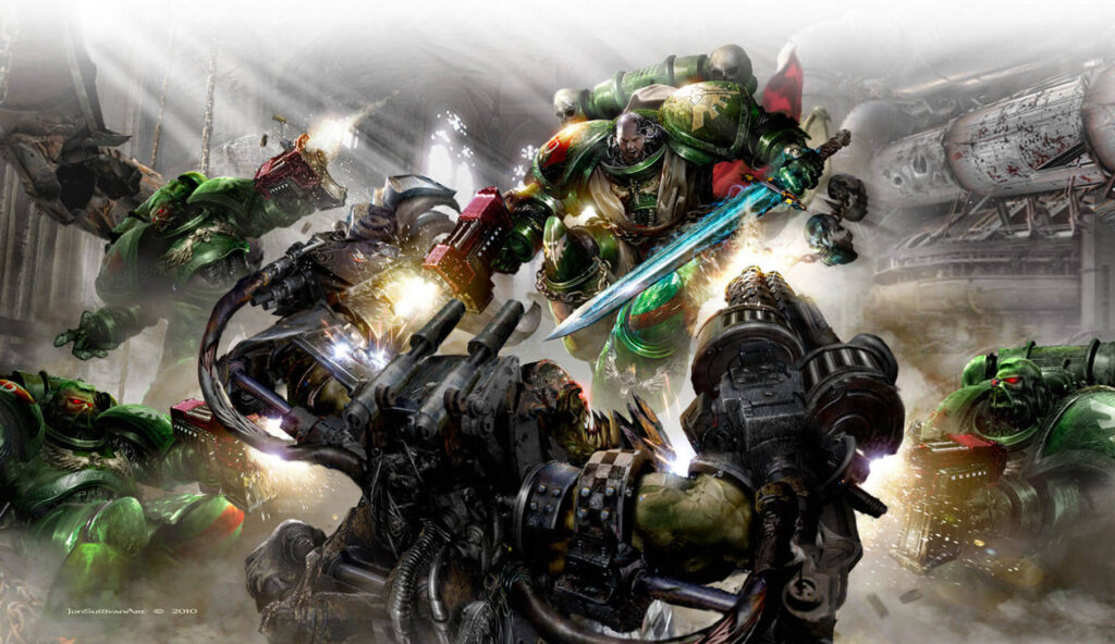 Dark Angels Space Marines in green armor battling enemy forces with heavy weapons and a sword.