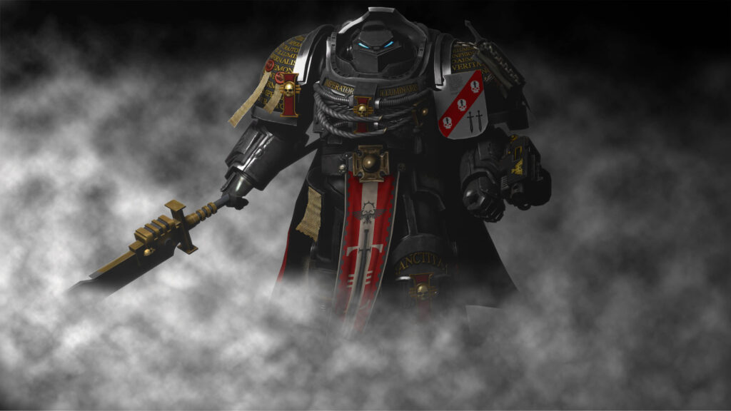 Grey Knight Terminator in big silver armor with red accenting on shield and flags on armor. Walking towards the camera in smoke trailing big bronze sword.