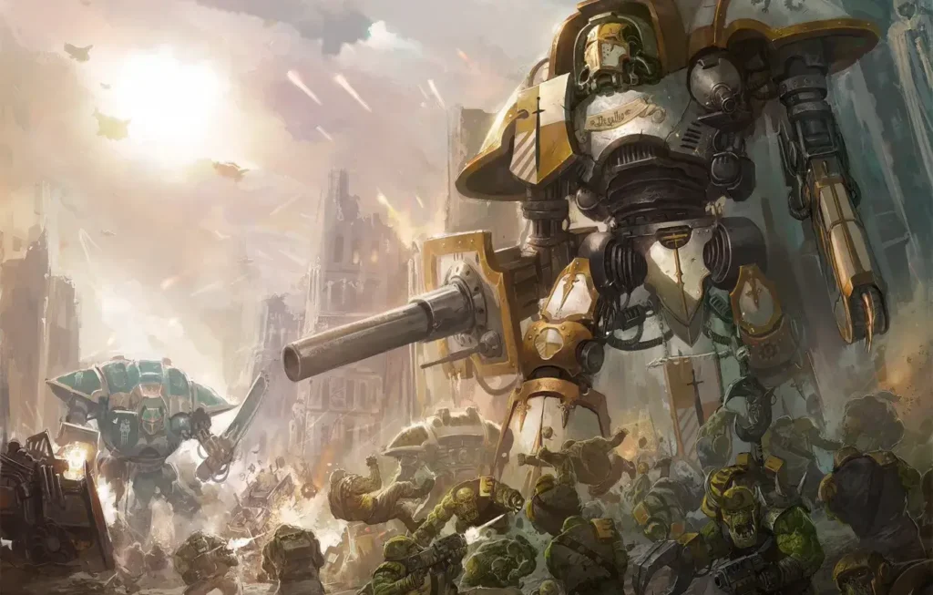 Giant Imperial Knights cut down orcs with heavy weaponry.