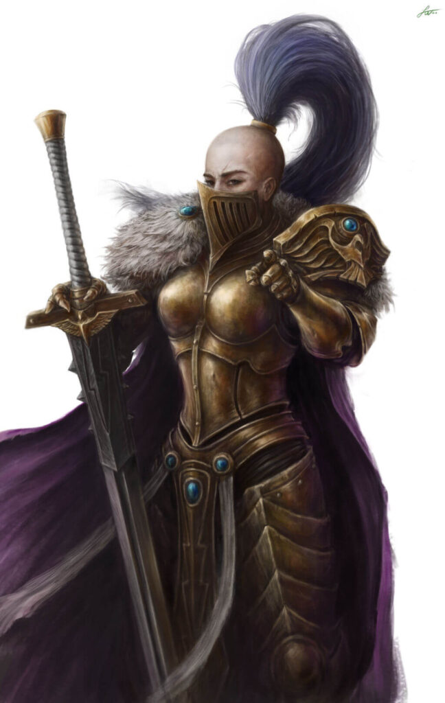 Female warrior in bronze armor with hair up in a plume. Big long sword held pointy end down in front of her.