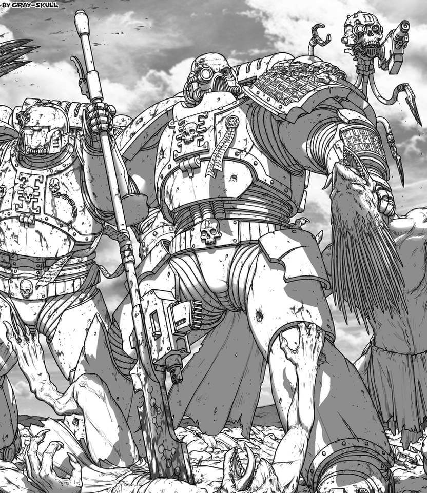 Black-and-white artwork of two Deathwatch Space Marines standing amidst fallen enemies.