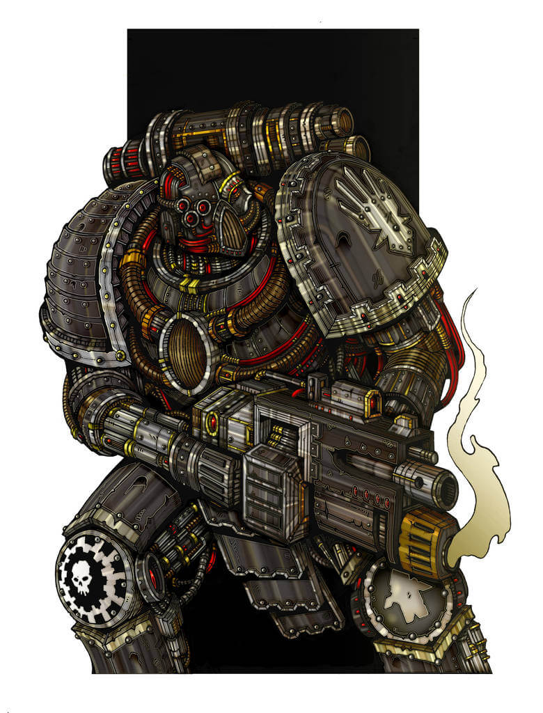 Illustration of Ferrus Manus, Primarch of the Iron Hands, wearing heavy armor and wielding a gun.