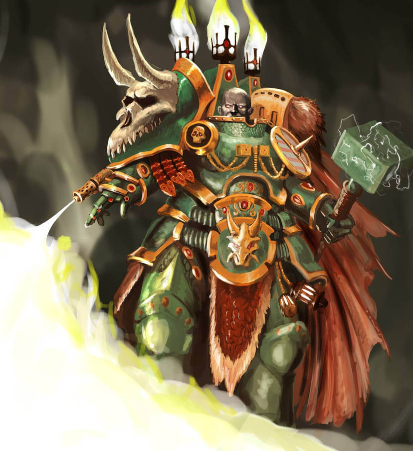 Salamanders Space Marine Captain in ornate green armor with a skull helm, wielding a thunder hammer.