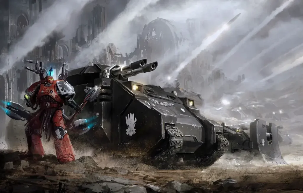 Iron Hands Techmarine standing beside a large black tank, in a smoke-filled battlefield.