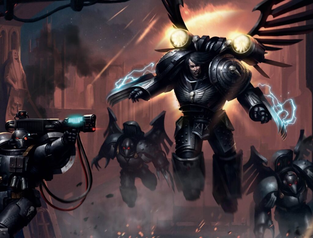 Raven Guard Space Marines with wings and jump packs, fighting in a dark, war-torn city.