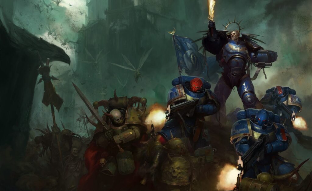 Roboute Guilliman, Primarch of the Ultramarines, leading blue-armored Space Marines in battle.