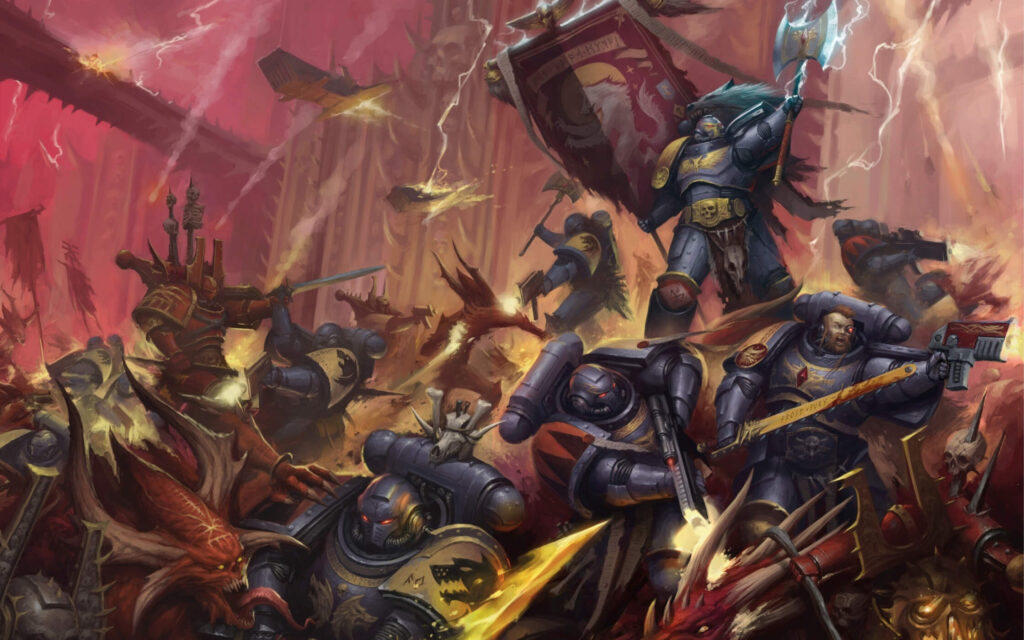 Space Wolves battling Khorne Berserkers in a fiery, chaotic battlefield.