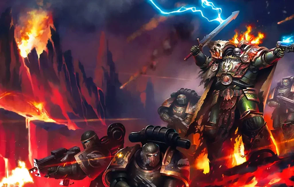 Salamanders Primarch Vulkan wielding a lightning sword, leading Space Marines on a fiery battlefield.