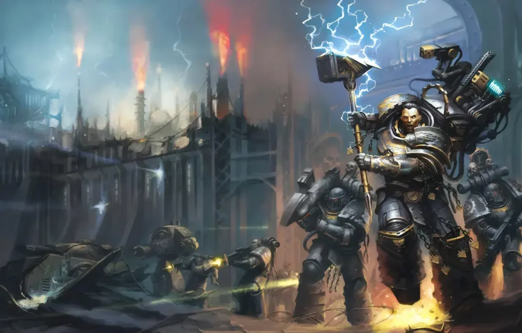 Iron Hands Space Marines in black armor, led by a Techmarine wielding a thunder hammer.