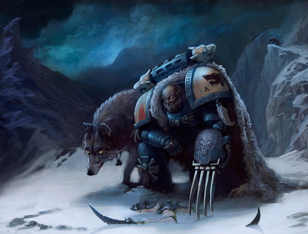 Space Wolves Marine crouched in snow beside a wolf under a starry sky.