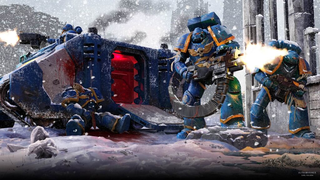 Ultramarines battle in snowy terrain, defending a damaged vehicle amid intense combat.