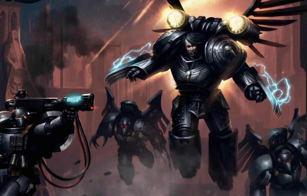 Corvus Corax leads his Raven Guard, surrounded by lightning and stealth fighters in a night assault.