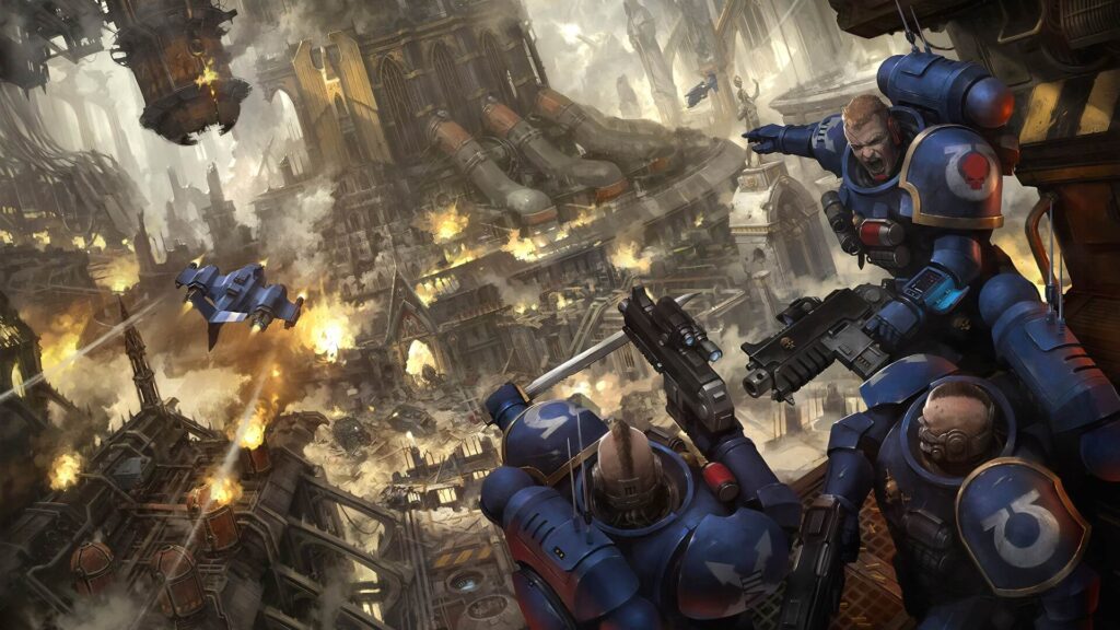 Ultramarines fight amidst a burning industrial city, leaping into action with bolters drawn.