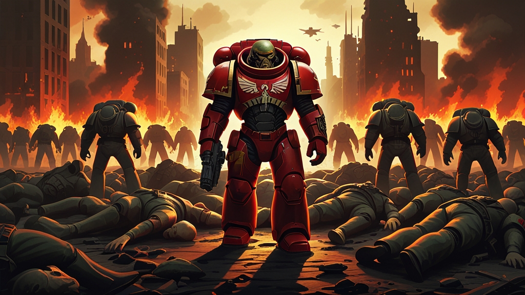 Space Marine in battle showing moral ambiguity