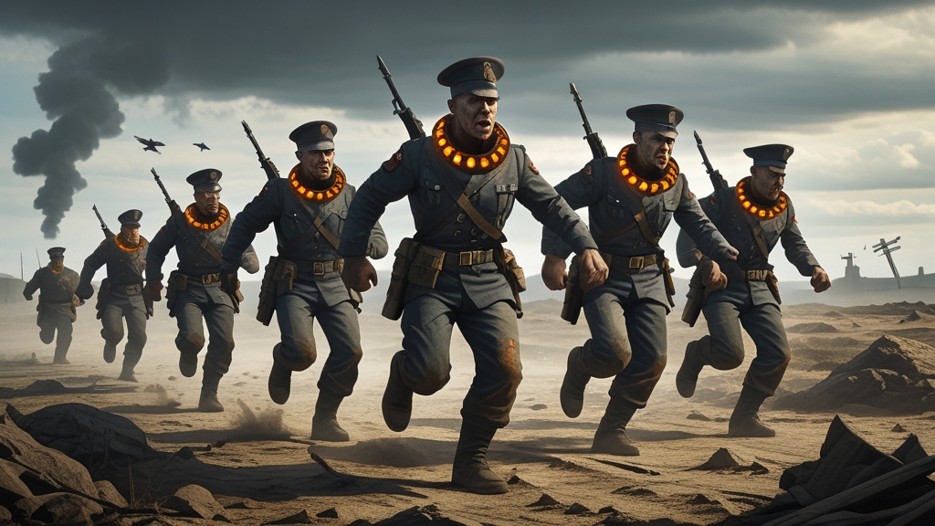 Ragged convict soldiers of the Imperial Guard Penal Legions charging across a battlefield with explosive collars
