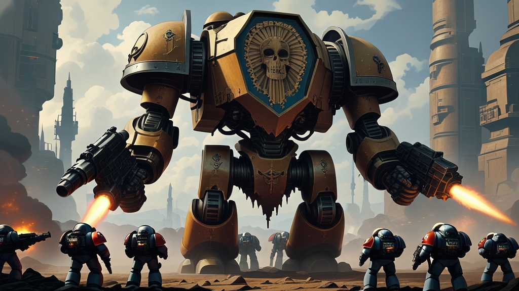 Space Marine Dreadnought walking war machine on a Warhammer 40k battlefield