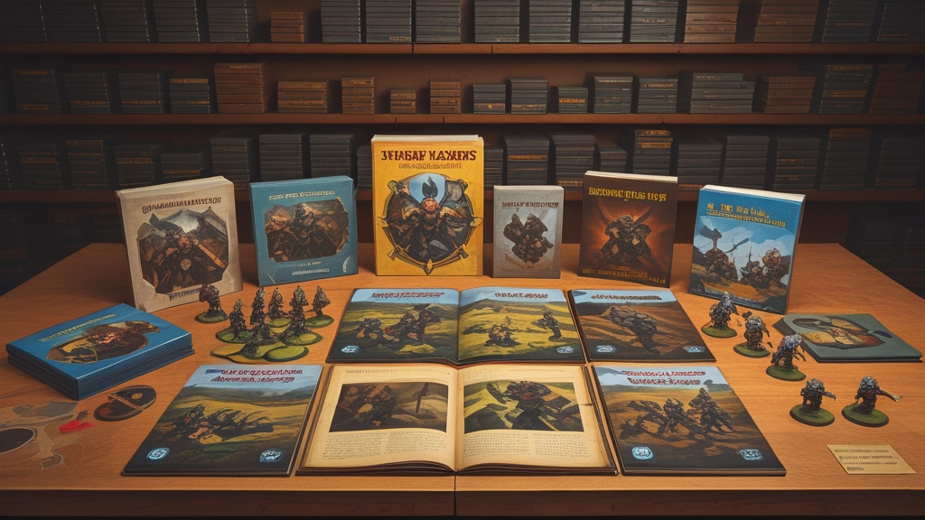 A 1980s British game design studio with early Warhammer miniatures and rulebooks
